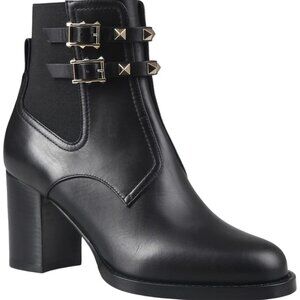 Authentic Valentino Garavani Rockstud Round Toe Boots Black Leather 37.5